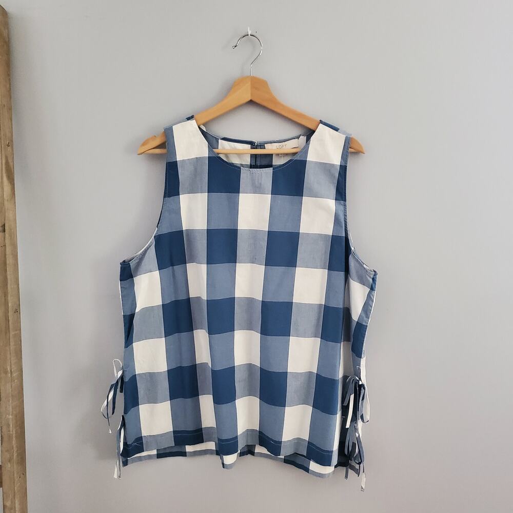 LOFT Gingham Blue White Checkered Side Tie Tank Size XL